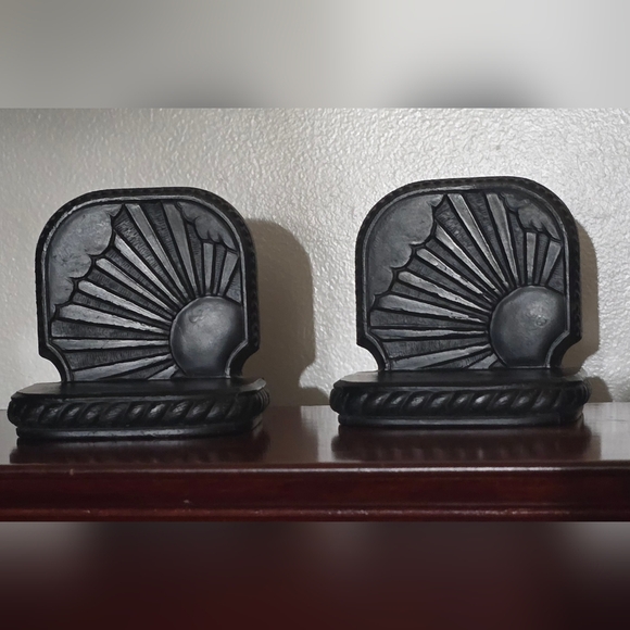2 Art Deco Cast Iron Sunburst Sun Rise Rising Heavy Book Ends Bookends 1920's